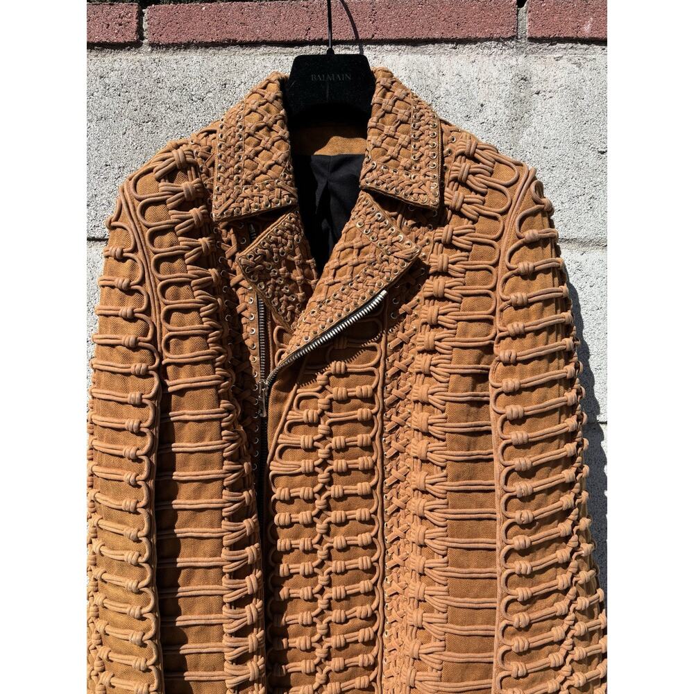 BALMAIN SS 2016 Runway Linen Corde Biker Jacket Brown Sz 48 US 38 - Picture 3 of 11